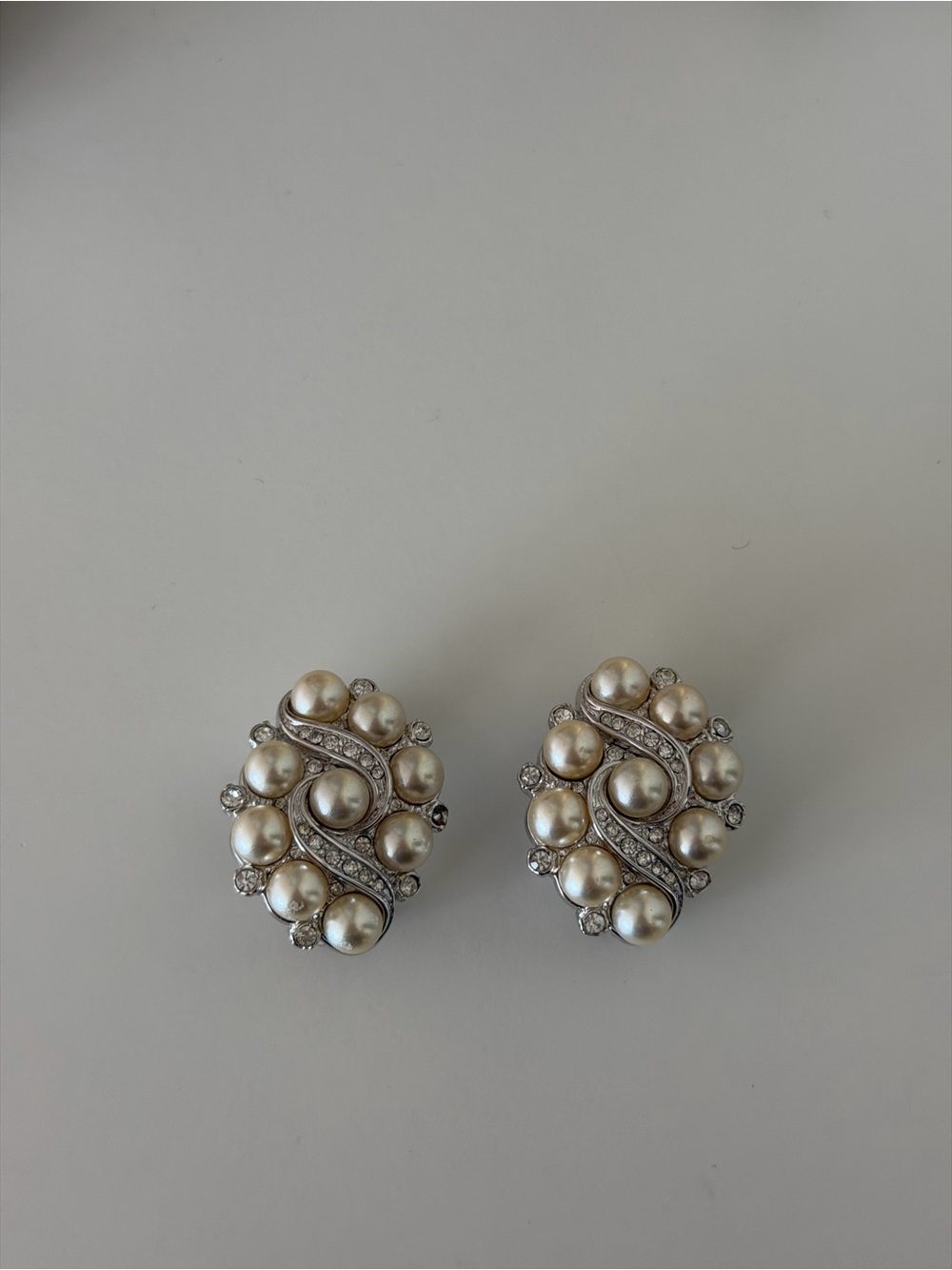 Authentic Swarovski Vintage Faux Pearl & Crystal Cluster Clip-On Earrings